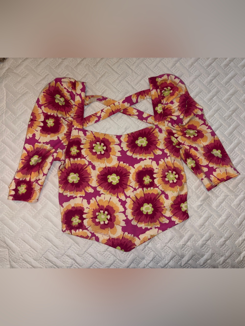 Free People | Pink & Yellow Floral Puff-Sleeve Crop Top w/Open Crisscross Back - Picture 2 of 5